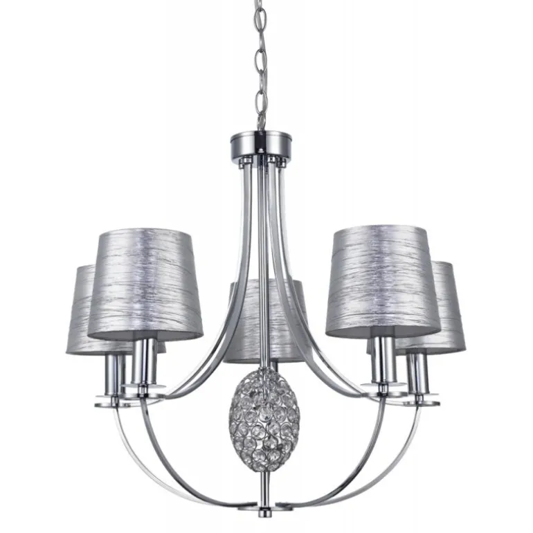 Lampara de techo colgante Plata 5 luces 5xE14 acabado cromo pantallas tejido plata estilo clásico 60cm Ø