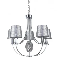 Lampara de techo colgante Plata 5 luces 5xE14 acabado cromo pantallas tejido plata estilo clásico 60cm Ø