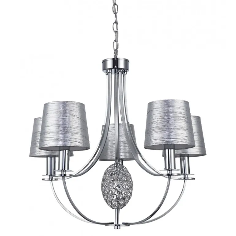 Lampara de techo colgante Plata 5 luces 5xE14 acabado cromo pantallas tejido plata estilo clásico 60cm Ø