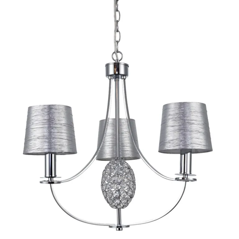 Lampara de techo colgante Plata 3 luces 3xE14 acabado cromo pantallas tejido plata estilo clásico 50cm Ø