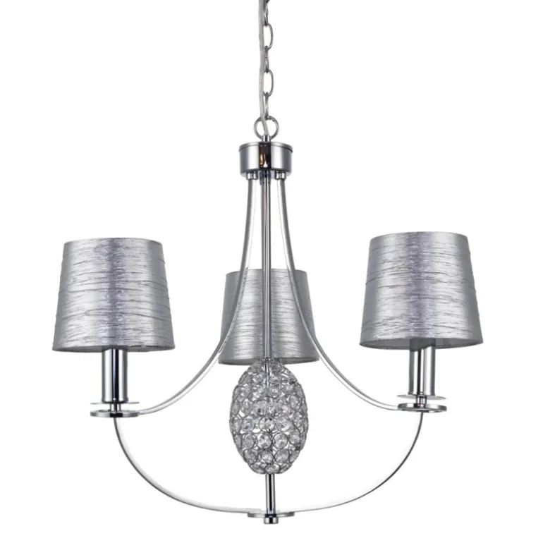 Lampara de techo colgante Plata 3 luces 3xE14 acabado cromo pantallas tejido plata estilo clásico 50cm Ø