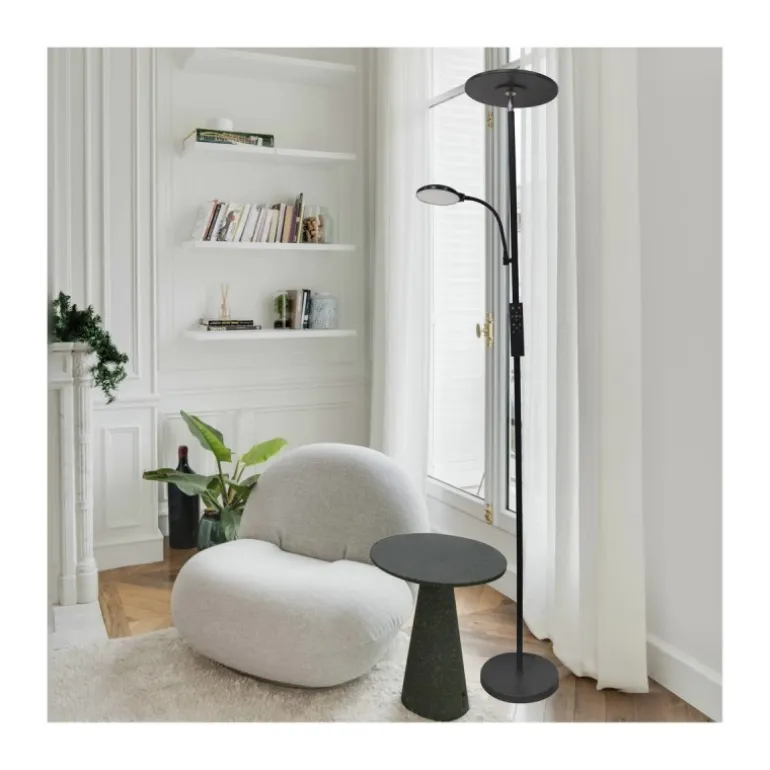 Lámpara de pie Vinet con lector LED 30+6w 3CCT 3000lm acabado negro estilo moderno con mando a distancia 25cm Ø