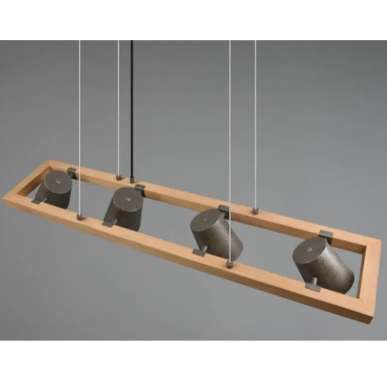 Lámpara de techo colgante Bell 4l lineal 4xE14 acabado metal níquel antiguo y madera natural estilo industrial