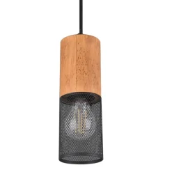 Lámpara de techo colgante Cáncer 1 luz 1xE27 acabado metal negro madera natural estilo rústico 9cm Ø