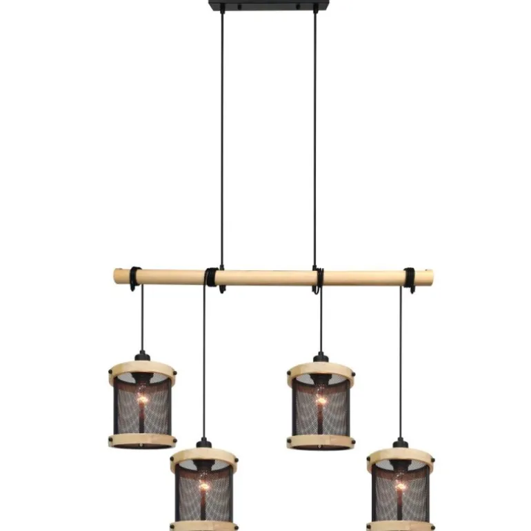 Lámpara de techo colgante Farm II 4 luces 4xE27 acabado metal negro madera natural estilo rústico