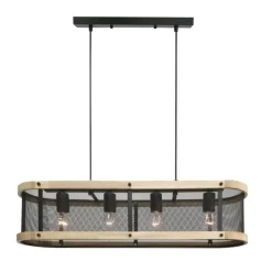 Lámpara de techo colgante Farm 4 luces lineal 4xE27 acabado metal negro y madera natural estilo rústico