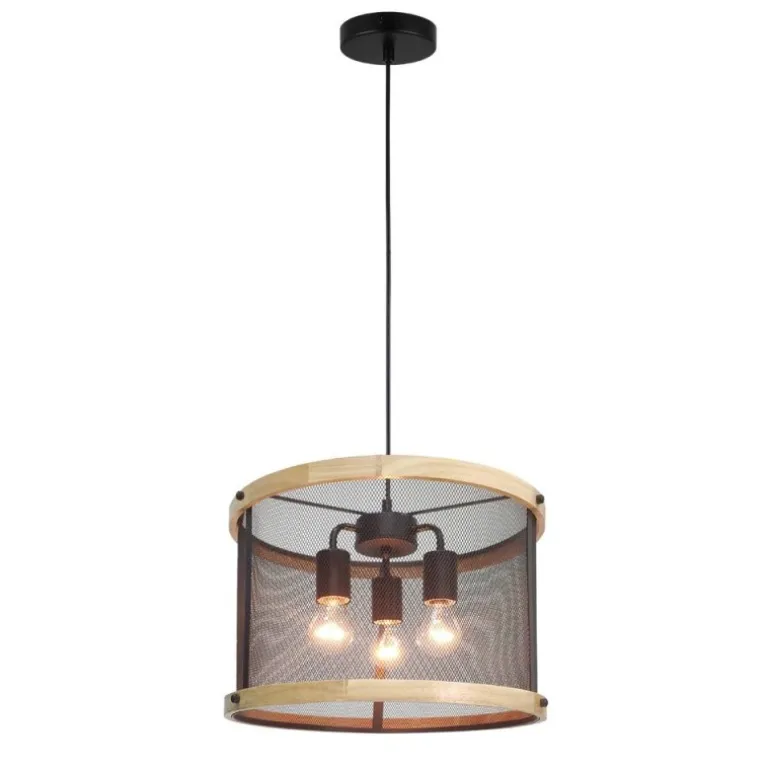 Lámpara de techo colgante Farm 3 luces 3xE27 acabado negro madera natural estilo rústico 40cm Ø