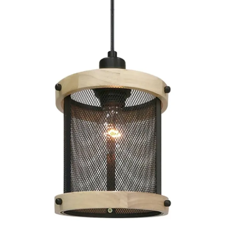 Lámpara de techo colgante Farm 1 luz 1xE27 acabado negro madera natural estilo rústico 20cm Ø