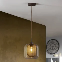 Lámpara de techo colgante Fox 1luz 1xE27 acabado metal marrón cristal transparente estilo industrial 20cm Ø