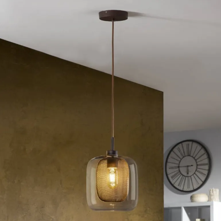 Lámpara de techo colgante Fox 1luz 1xE27 acabado metal marrón cristal transparente estilo industrial 20cm Ø