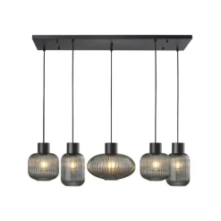 Lámpara de techo colgante Galio 5 luces lineal 5xE27 acabado metal negro y cristal fumé estilo vintage