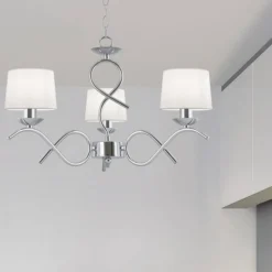 Lámpara de techo colgante Gloria 3 luces 3xE14 acabado metal cromo tejido blanco estilo clásico 55cm ØCromo