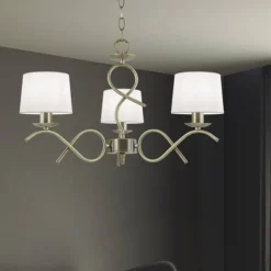 Lámpara de techo colgante Gloria 3 luces 3xE14 acabado metal oro envejecido tejido blanco estilo clásico 55cm Ø