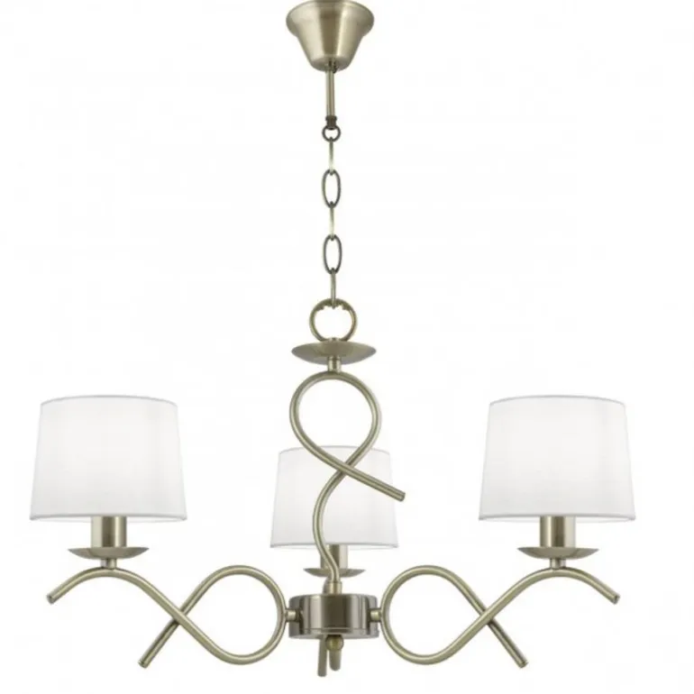 Lámpara de techo colgante Gloria 3 luces 3xE14 acabado metal oro envejecido tejido blanco estilo clásico 55cm Ø