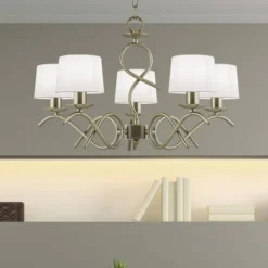 Lámpara de techo colgante Gloria 5 luces 5xE14 acabado metal oro envejecido tejido blanco estilo clásico 58cm Ø