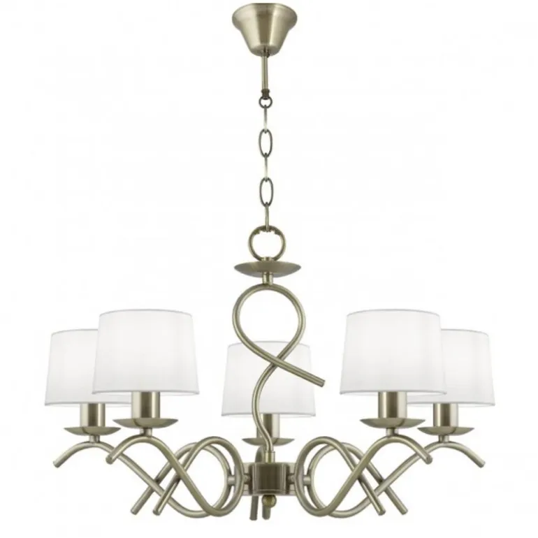 Lámpara de techo colgante Gloria 5 luces 5xE14 acabado metal oro envejecido tejido blanco estilo clásico 58cm Ø