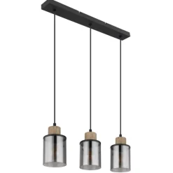 Lámpara de techo colgante Lineal 3L Reid 3XE27 cristal ahumado y madera natural estilo moderno