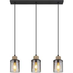 Lámpara de techo colgante Lineal 3L Reid 3XE27 cristal ahumado y madera natural estilo moderno