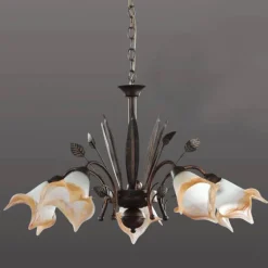 Lámpara de techo colgante 5 luces Clásica 1xE14 acabado marrón tulipas cristal estilo clásico 60cm Ø