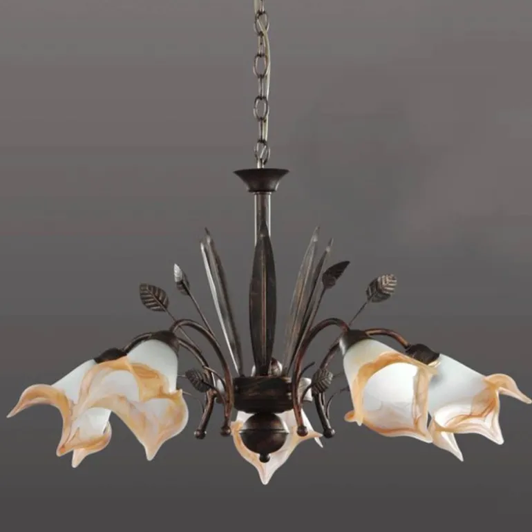 Lámpara de techo colgante 5 luces Clásica 1xE14 acabado marrón tulipas cristal estilo clásico 60cm Ø
