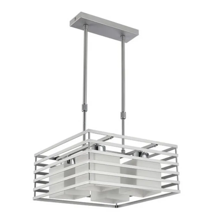 Lámpara de techo colgante 4 luces Jaula 4xE27 acabado metal plata tulipas cristal mate estilo moderno