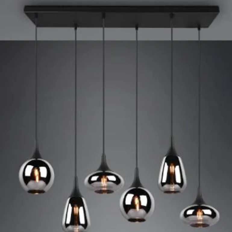 Lámpara de techo colgante Lumina 6 luces 6xE14 acabado metal negro cristal ahumado efecto espejo estilo moderno
