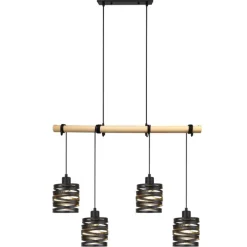 Lámpara de techo colgante Marrow 4 luces 4xE27 acabado metal negro y madera natural estilo rústico
