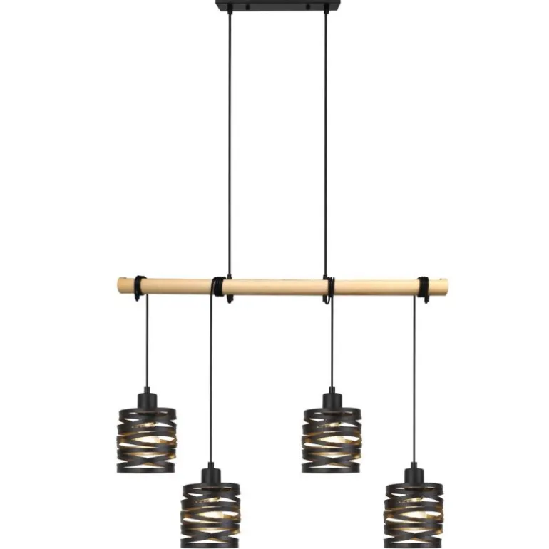 Lámpara de techo colgante Marrow 4 luces 4xE27 acabado metal negro y madera natural estilo rústico
