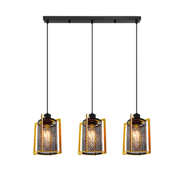 Lámpara de techo colgante Rejilla Lineal 3 luces 3XE27 acabado negro y madera estilo industrial