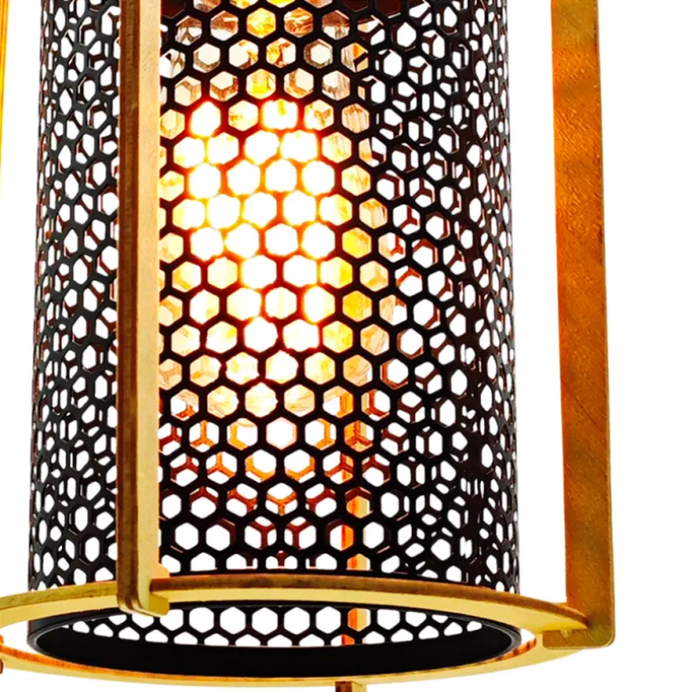 Lámpara de techo colgante Rejilla Lineal 3 luces 3XE27 acabado negro y madera estilo industrial