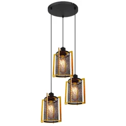 Lámpara de techo colgante Rejilla 3 luces 3XE27 acabado negro y madera estilo industrial 40.5 cm Ø
