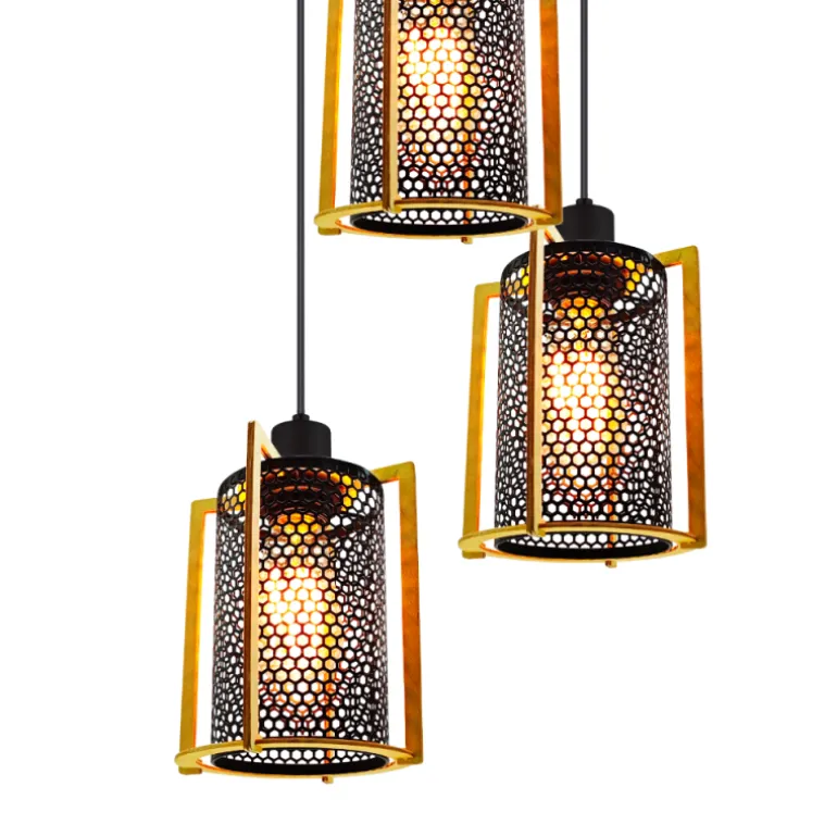 Lámpara de techo colgante Rejilla 3 luces 3XE27 acabado negro y madera estilo industrial 40.5 cm Ø