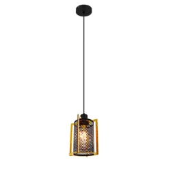Lámpara de techo colgante Rejilla 1 luz 1XE27 acabado negro y madera estilo industrial 15.5cm Ø