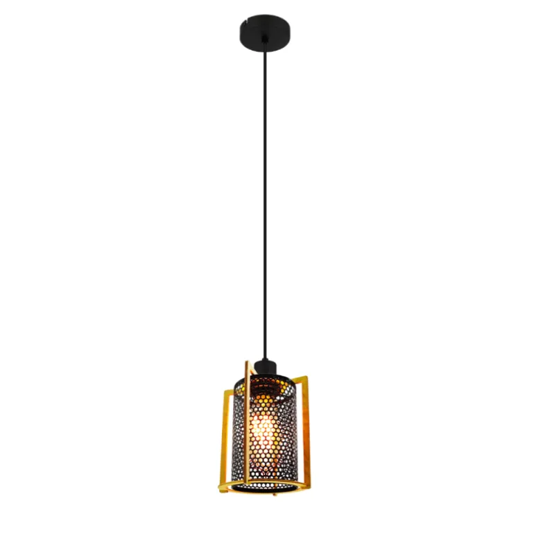 Lámpara de techo colgante Rejilla 1 luz 1XE27 acabado negro y madera estilo industrial 15.5cm Ø