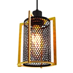 Lámpara de techo colgante Rejilla 1 luz 1XE27 acabado negro y madera estilo industrial 15.5cm Ø