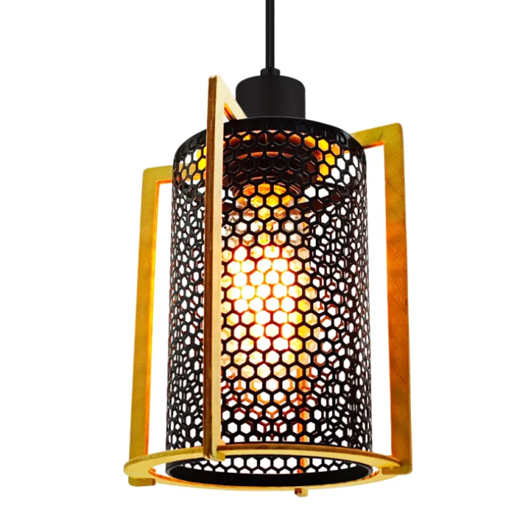 Lámpara de techo colgante Rejilla 1 luz 1XE27 acabado negro y madera estilo industrial 15.5cm Ø