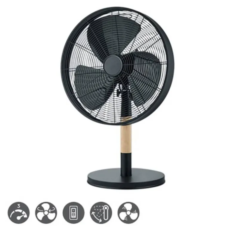 Ventilador de sobremesa Viking acabado metal negro / madera natural 3 velocidades oscilante 35cm Ø