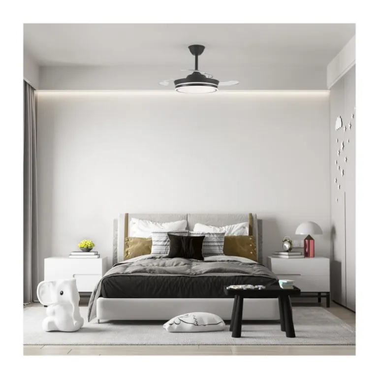 Ventilador de techo Aria Mini negro LED 39w 3CCT acabado negro estilo moderno aspas plegables motor DC 92cm Ø