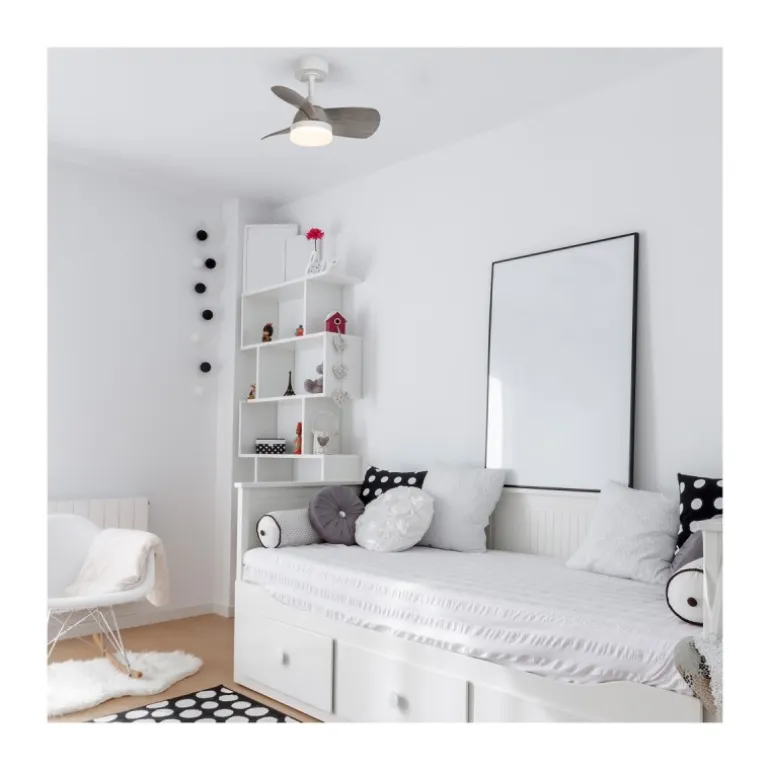 Ventilador de techo Byan blanco/ceniza LED 18w 3CCT acabado blanco efecto madera tono ceniza estilo moderno motor DC 60cm Ø