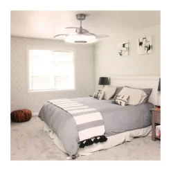 Ventilador de techo Gaby LED 35w 3CCT acabado blanco estilo moderno Rgb +Altavoz aspas plegables motor DC 106cm Ø