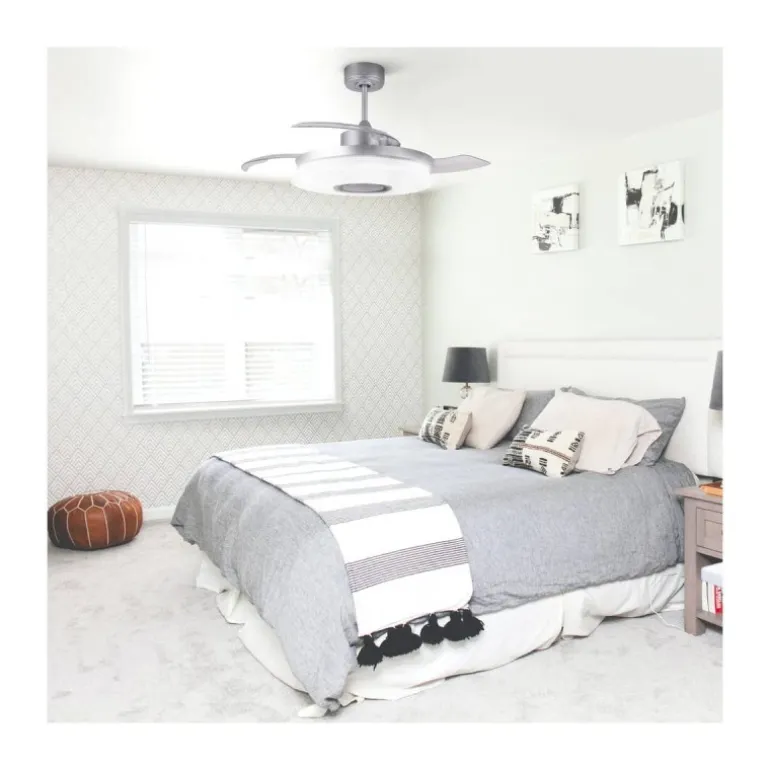 Ventilador de techo Gaby LED 35w 3CCT acabado blanco estilo moderno Rgb +Altavoz aspas plegables motor DC 106cm Ø