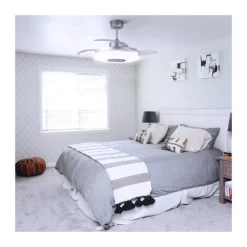 Ventilador de techo Gaby LED 35w 3CCT acabado blanco estilo moderno Rgb +Altavoz aspas plegables motor DC 106cm Ø