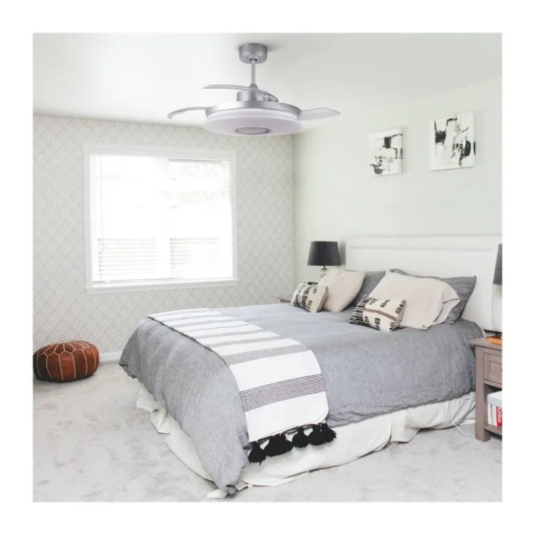 Ventilador de techo Gaby LED 35w 3CCT acabado blanco estilo moderno Rgb +Altavoz aspas plegables motor DC 106cm Ø