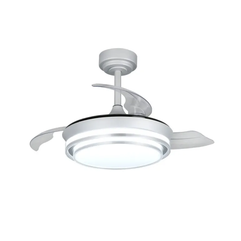 Ventilador de techo Lander Mini plata LED 46w 3CCT acabado acero plata estilo moderno aspas plegables motor DC 92cm Ø