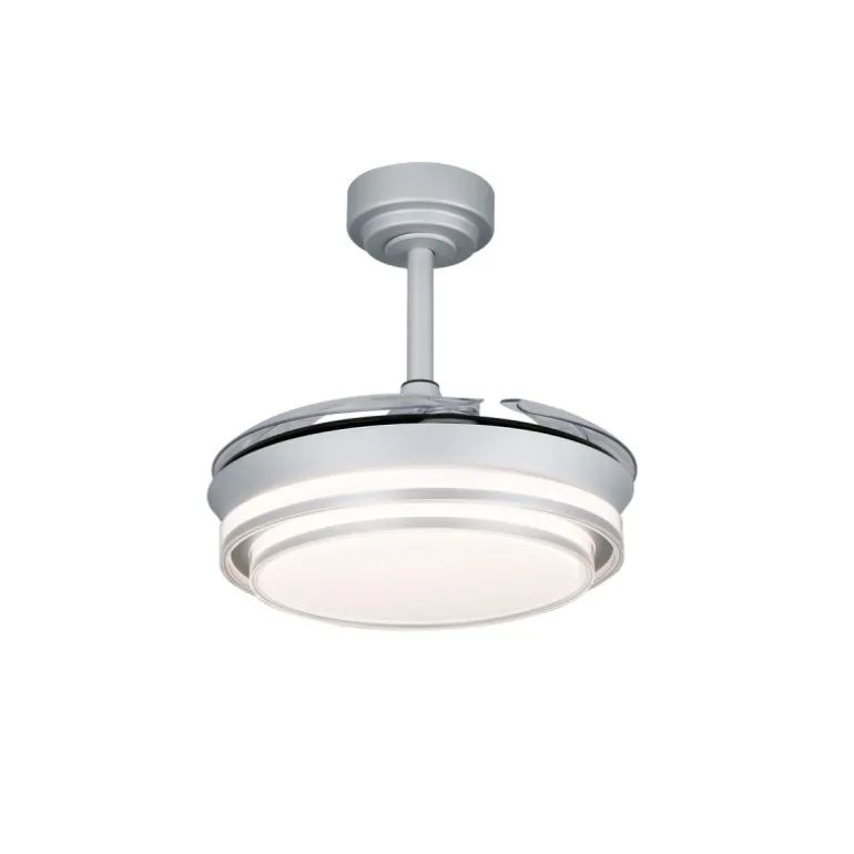Ventilador de techo Lander Mini plata LED 46w 3CCT acabado acero plata estilo moderno aspas plegables motor DC 92cm Ø