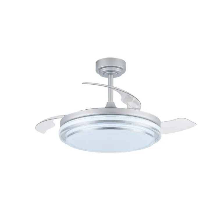 Ventilador de techo Lander plata LED 72w 3CCT acabado acero plata estilo moderno aspas plegables motor DC 106cm Ø