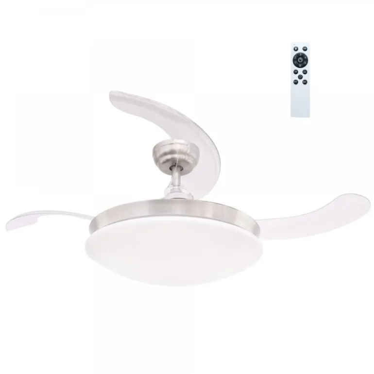 Ventilador de techo María LED 36w 3CCT acabado plata estilo moderno Altavoz + Bluetooth aspas plegables motor DC 107cm Ø