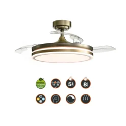 Ventilador de techo Martín cuero LED 72w 3CCT acabado oro envejecido estilo moderno aspas plegables motor DC 106cm Ø